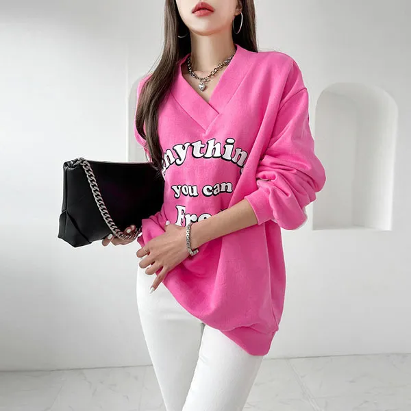 gumzzi  |Street Style V-Neck Long Sleeves Cotton Oversized Logo