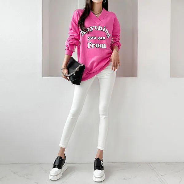 gumzzi  |Street Style V-Neck Long Sleeves Cotton Oversized Logo