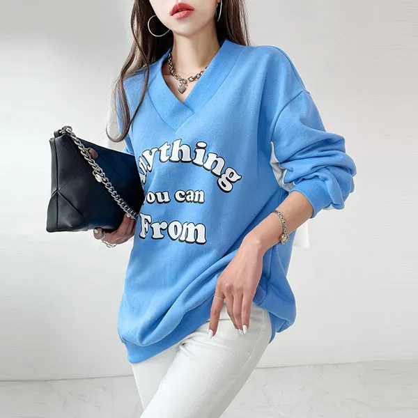 gumzzi  |Street Style V-Neck Long Sleeves Cotton Oversized Logo