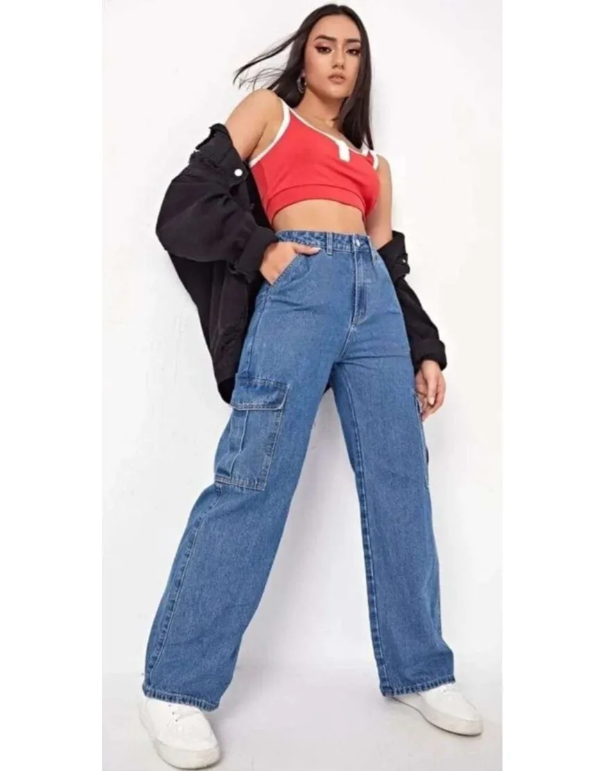 High Rise Wide Leg Cargo Stone Blue