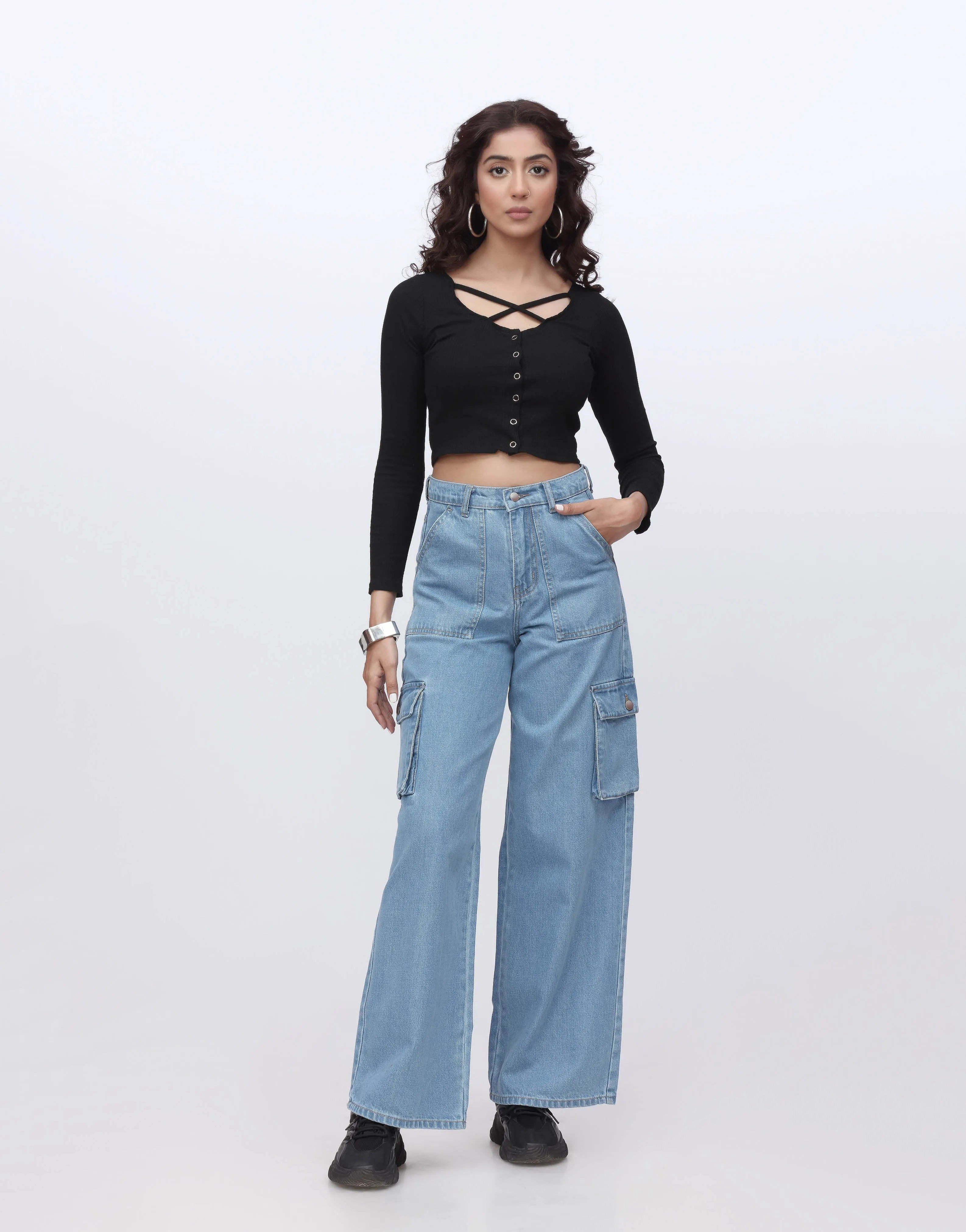 High Rise Wide Leg Flap Pocket Cargo Jeans Mid Blue