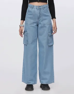 High Rise Wide Leg Flap Pocket Cargo Jeans Mid Blue