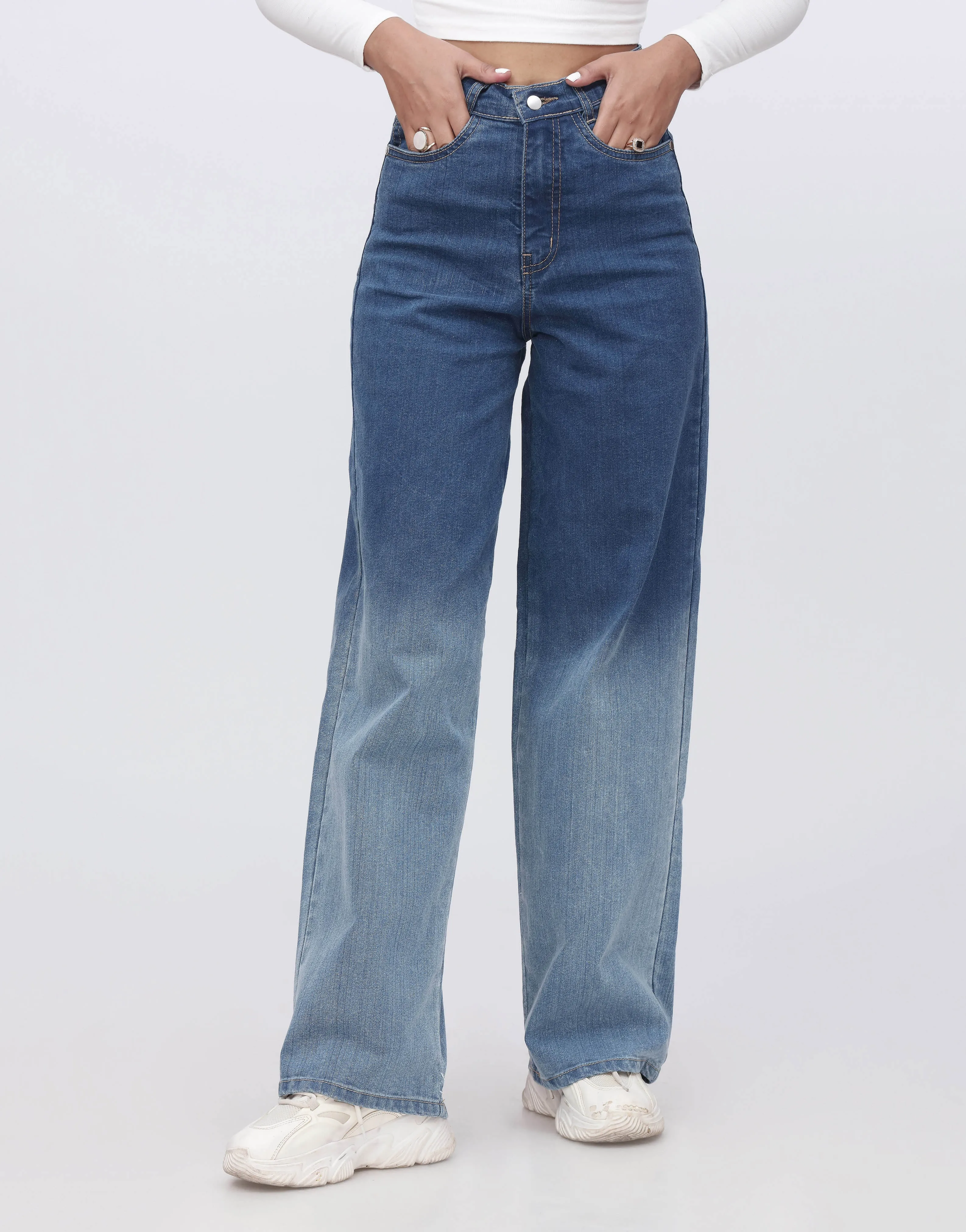 High Rise Wide Leg Jeans-Two Tone