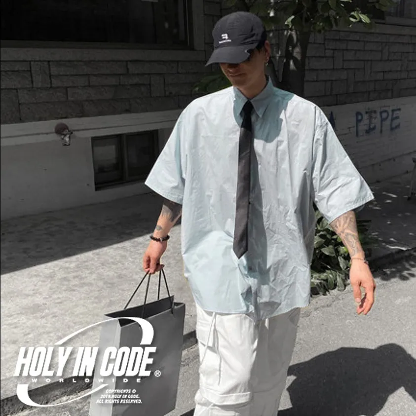 HOLY IN CODE  |Button-down Unisex Street Style Plain Cotton Short Sleeves