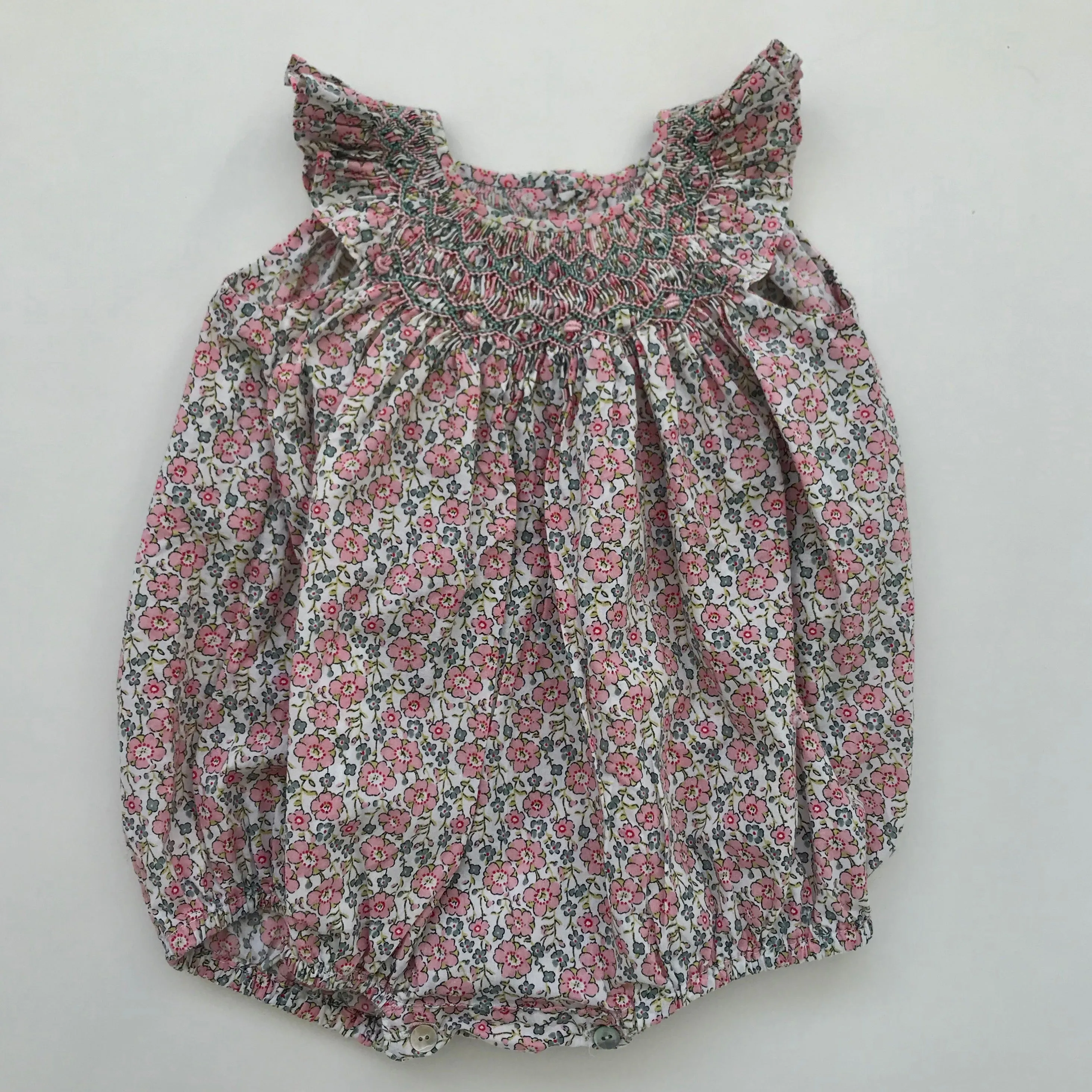 La Coqueta Pink Liberty Print Smocked Romper