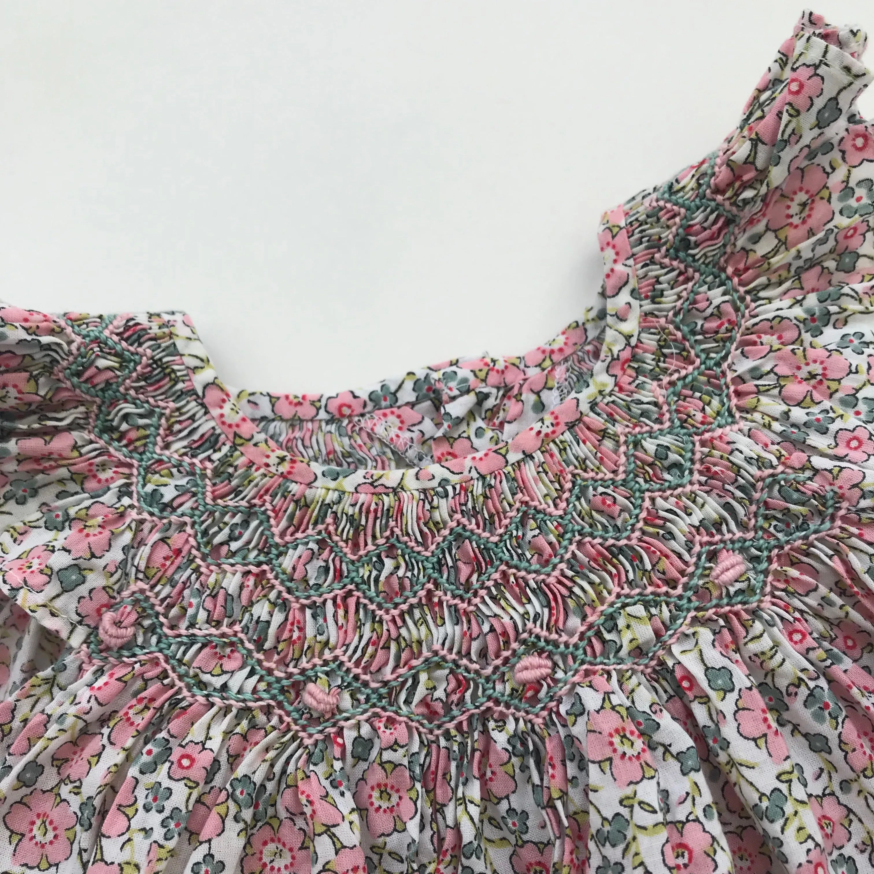 La Coqueta Pink Liberty Print Smocked Romper