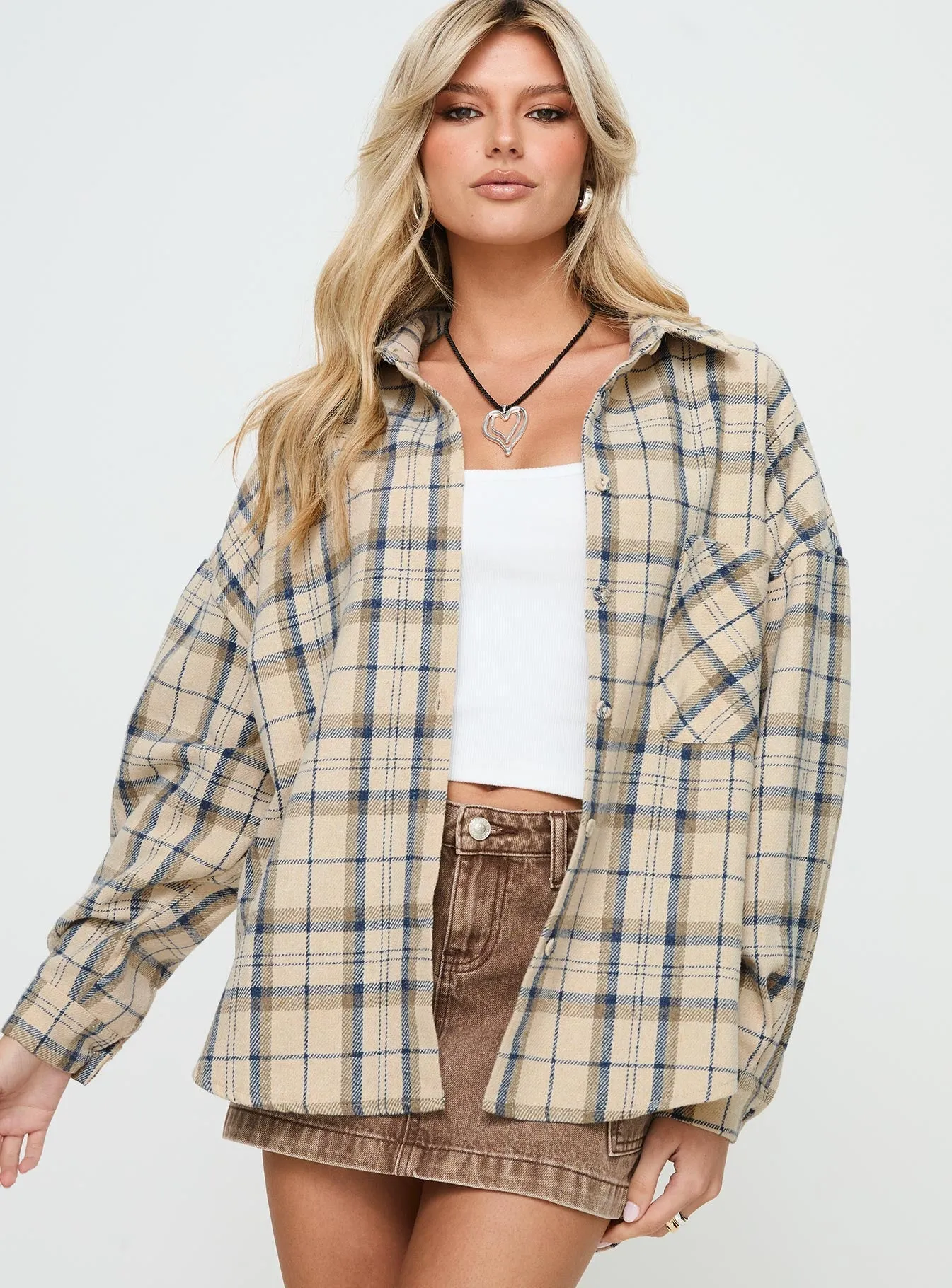 Leylan Oversized Plaid Shacket Cream Plaid