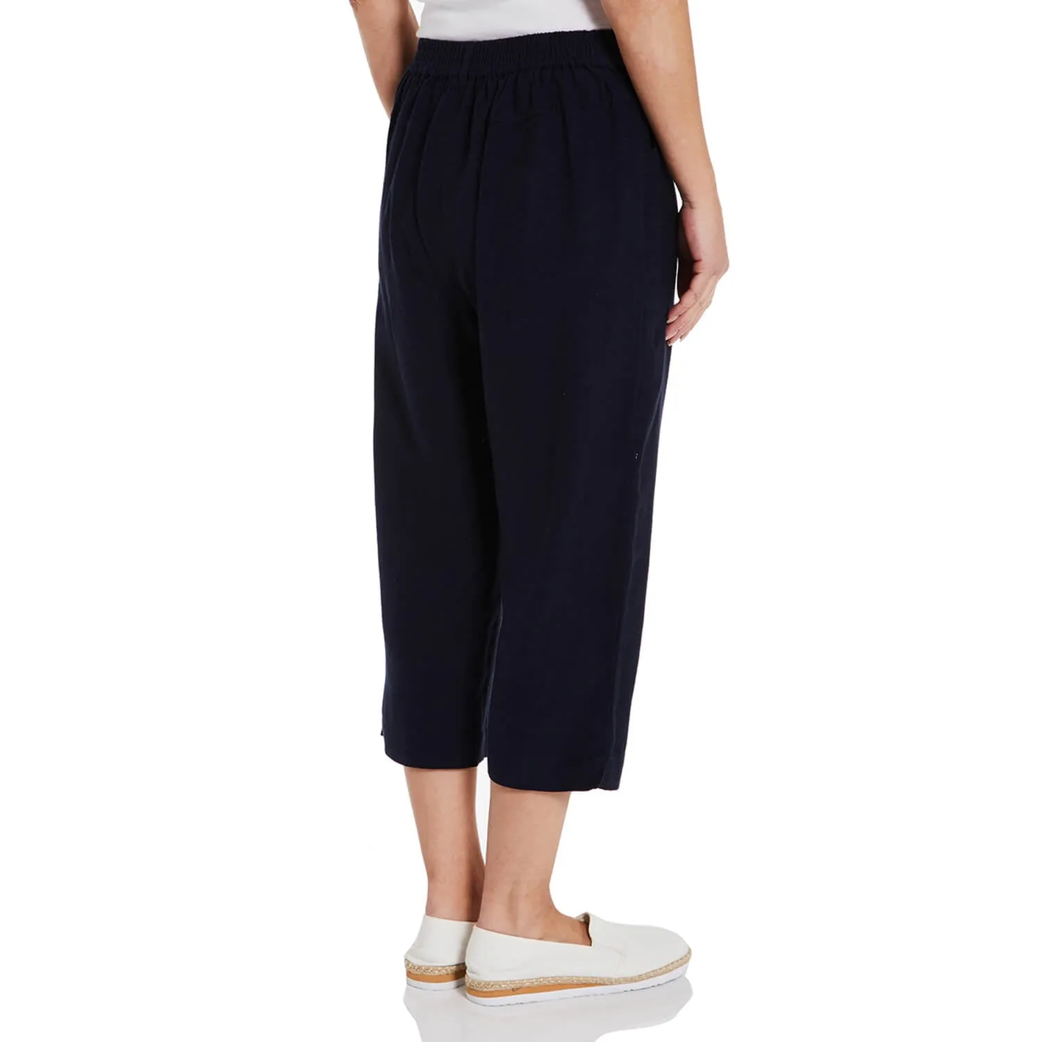 Linen Blend Cropped Trousers - Navy