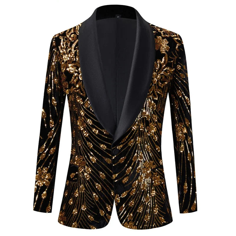 Men's Luxury Gold Sequin Floral Pattern Shawl Collar Wedding Party Blazer