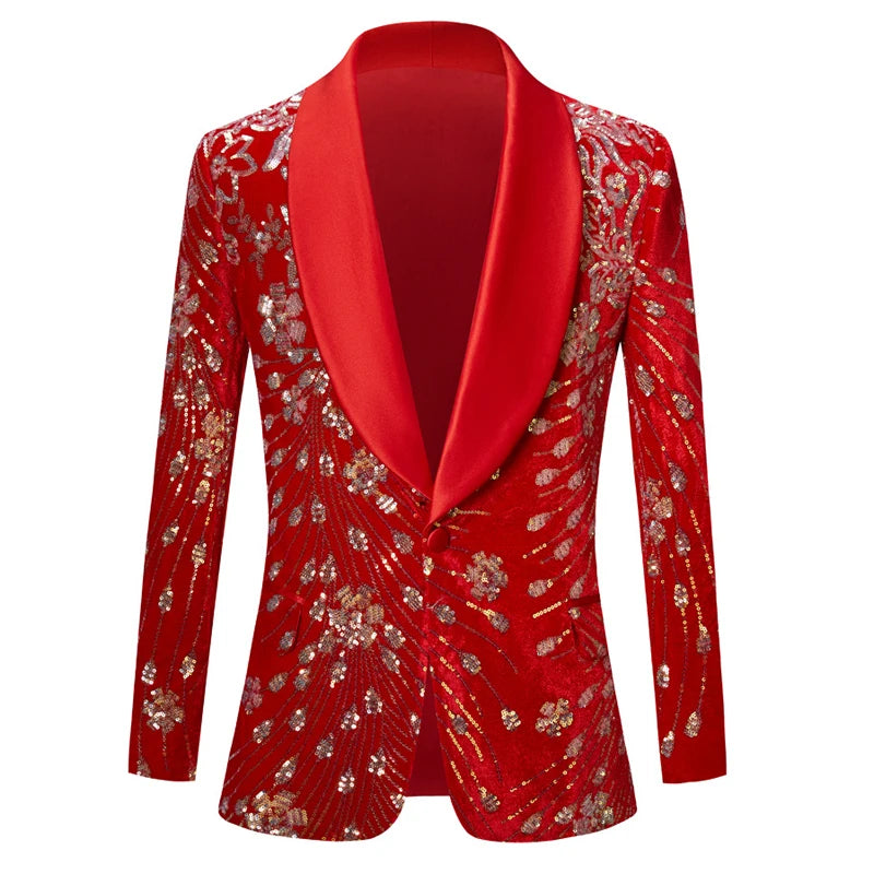 Men's Luxury Gold Sequin Floral Pattern Shawl Collar Wedding Party Blazer