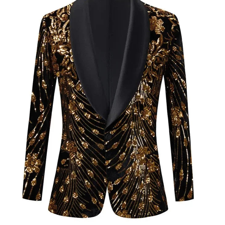 Men's Luxury Gold Sequin Floral Pattern Shawl Collar Wedding Party Blazer