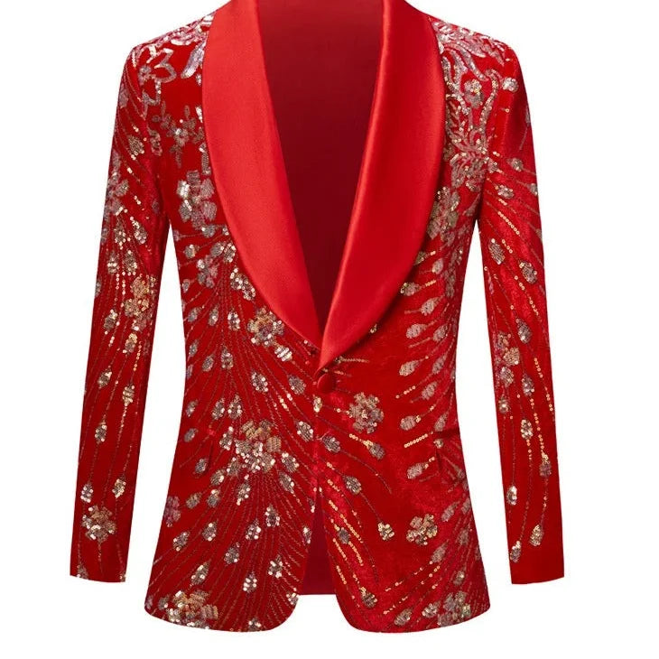 Men's Luxury Gold Sequin Floral Pattern Shawl Collar Wedding Party Blazer