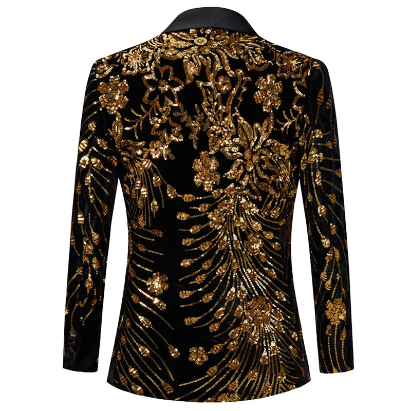 Men's Luxury Gold Sequin Floral Pattern Shawl Collar Wedding Party Blazer