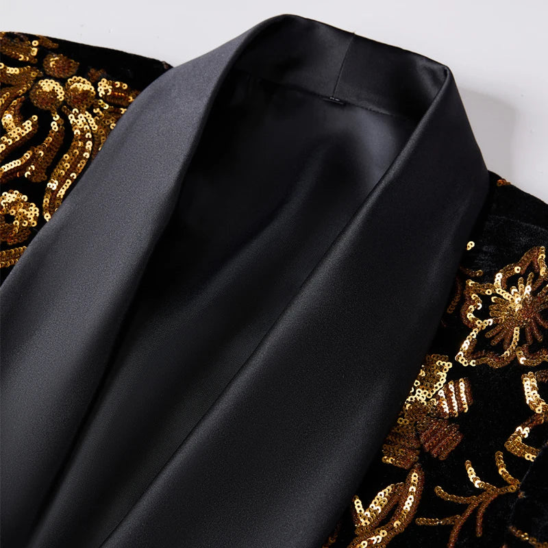 Men's Luxury Gold Sequin Floral Pattern Shawl Collar Wedding Party Blazer