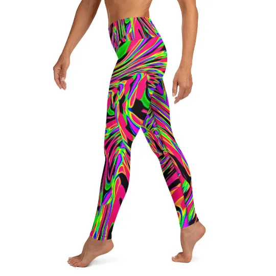 Neon Acid Wave Pink High-Waisted Yoga Leggings