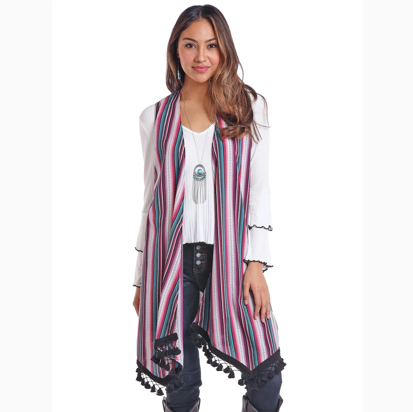 Panhandle Women's Pink, Turquoise, and White Stripe Vest Kimono