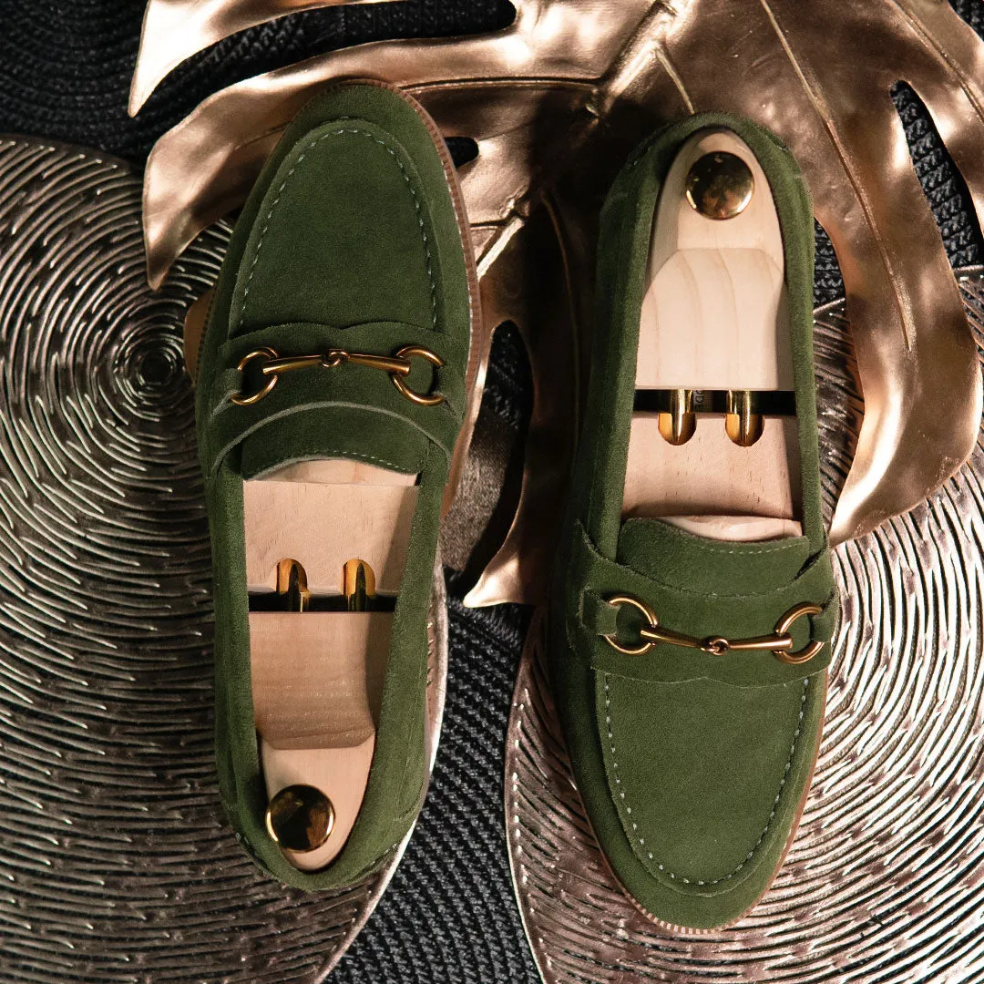 Penny Loafer Horsebit Buckle - Olive Green Suede Leather (Brown Crepe Sole)