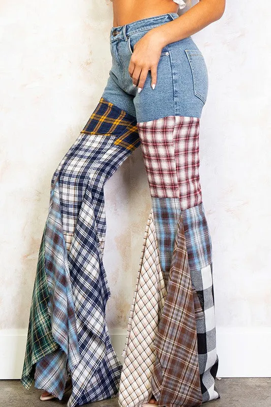 Plaid Patchwork Fit And Flared Denim Jeans