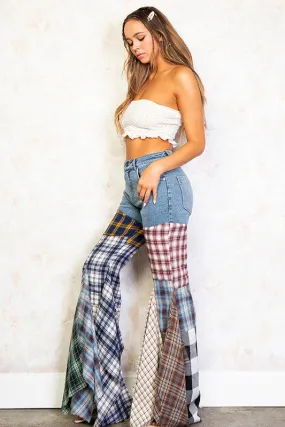 Plaid Patchwork Fit And Flared Denim Jeans