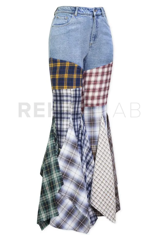 Plaid Patchwork Fit And Flared Denim Jeans