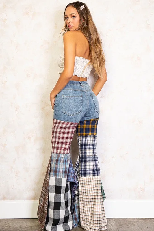 Plaid Patchwork Fit And Flared Denim Jeans