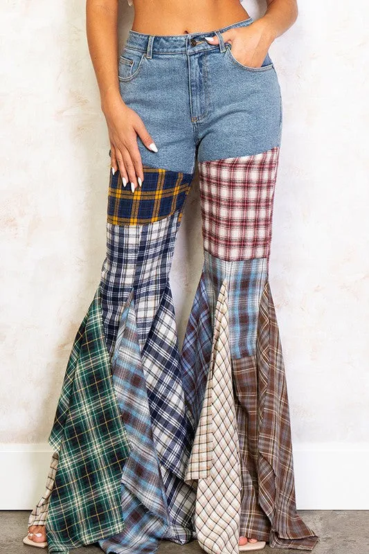 Plaid Patchwork Fit And Flared Denim Jeans