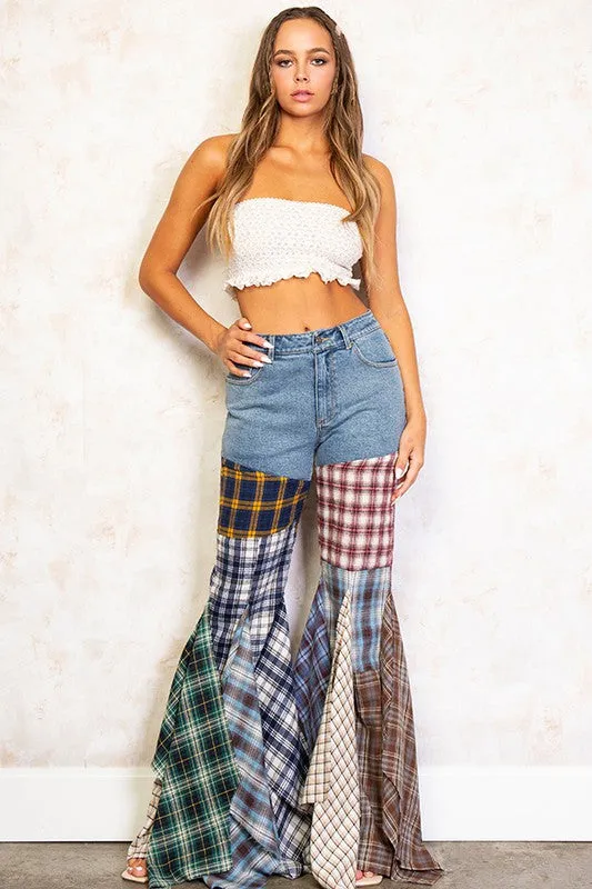 Plaid Patchwork Fit And Flared Denim Jeans