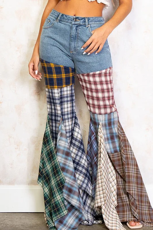 Plaid Patchwork Fit And Flared Denim Jeans