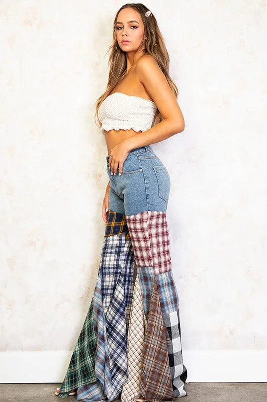 Plaid Patchwork Fit And Flared Denim Jeans