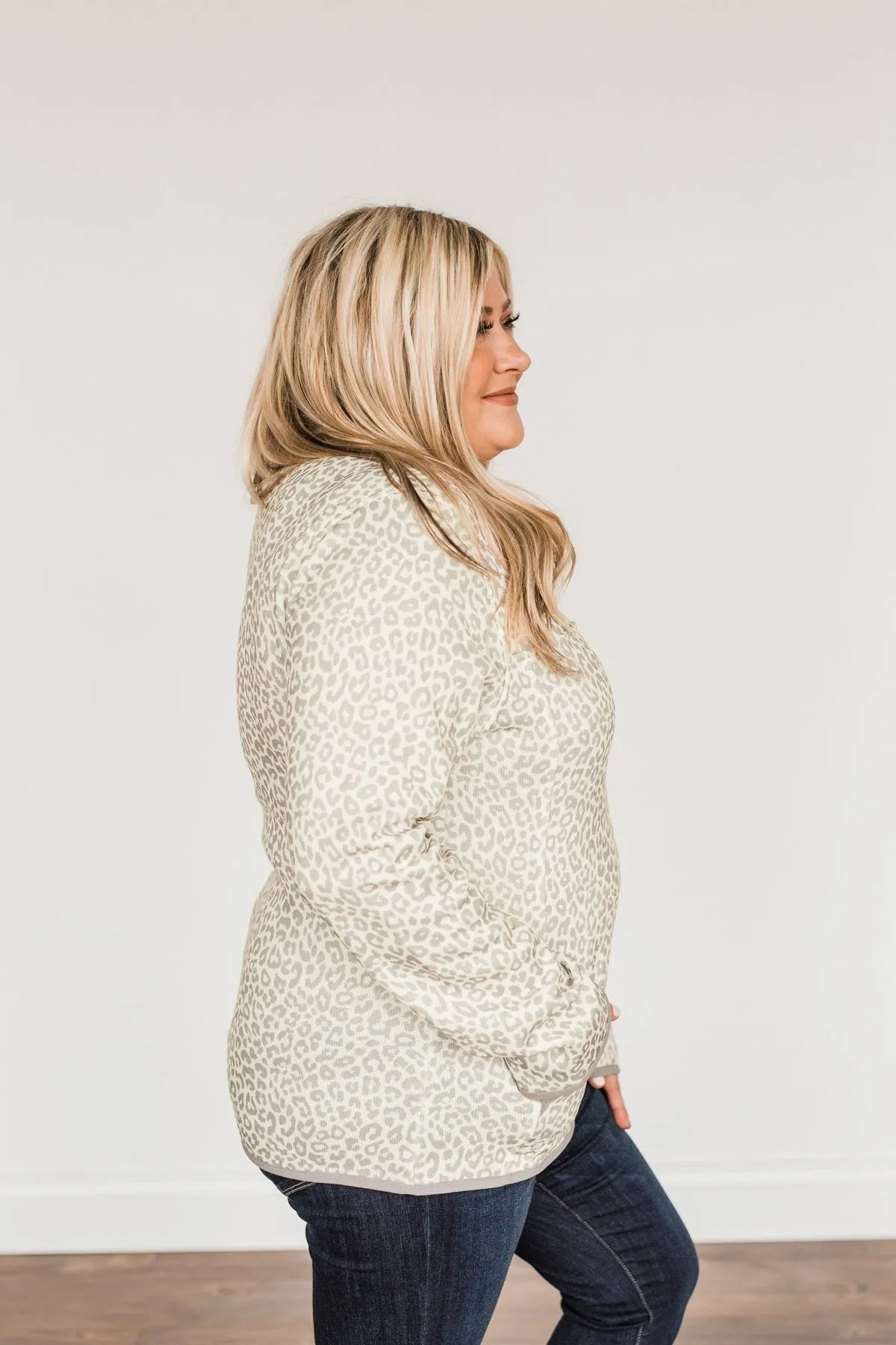 Pulse Exclusive Quarter Button Pullover- Cream Leopard