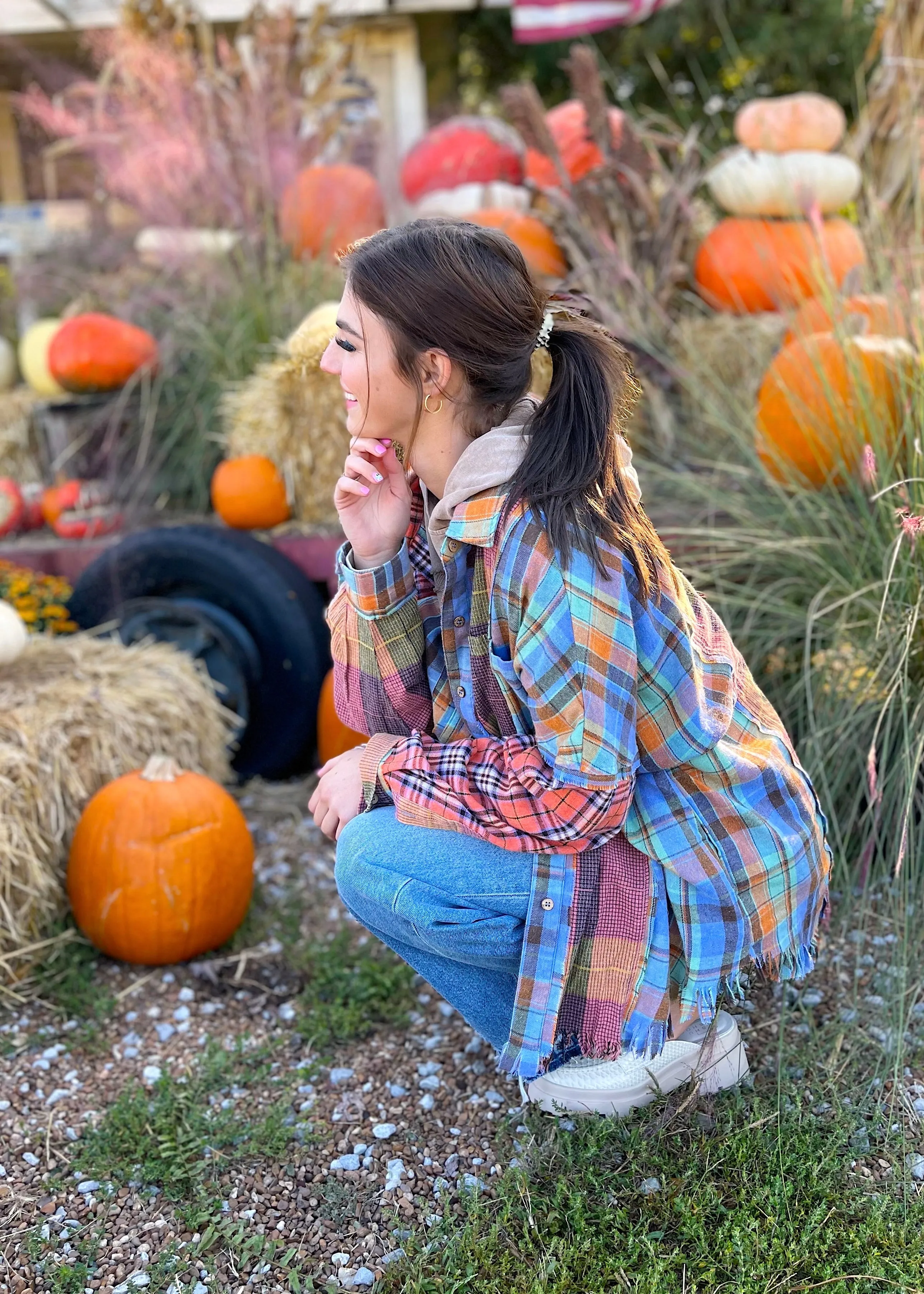 Punkin Plaid Mixed Button Down Top