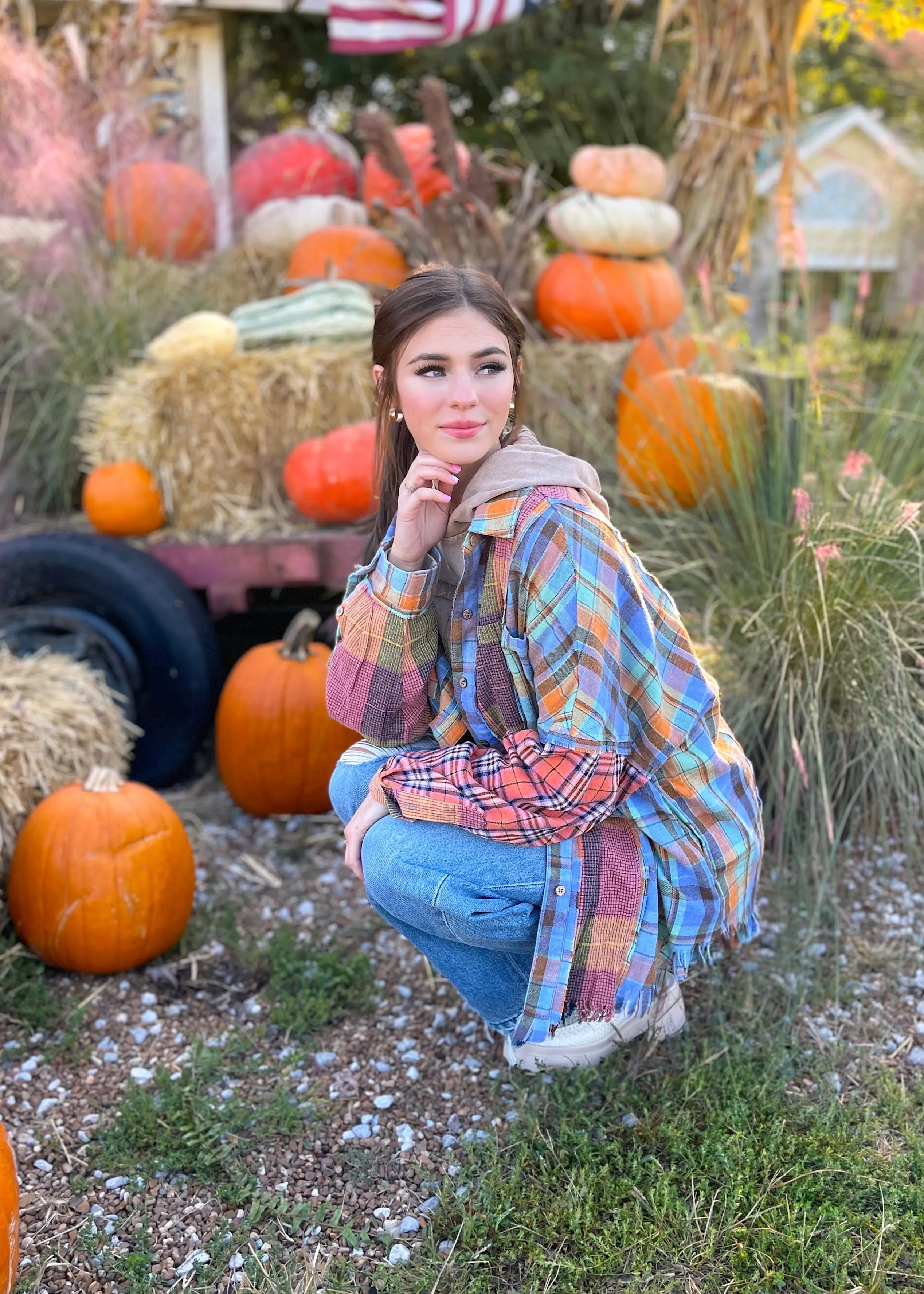 Punkin Plaid Mixed Button Down Top