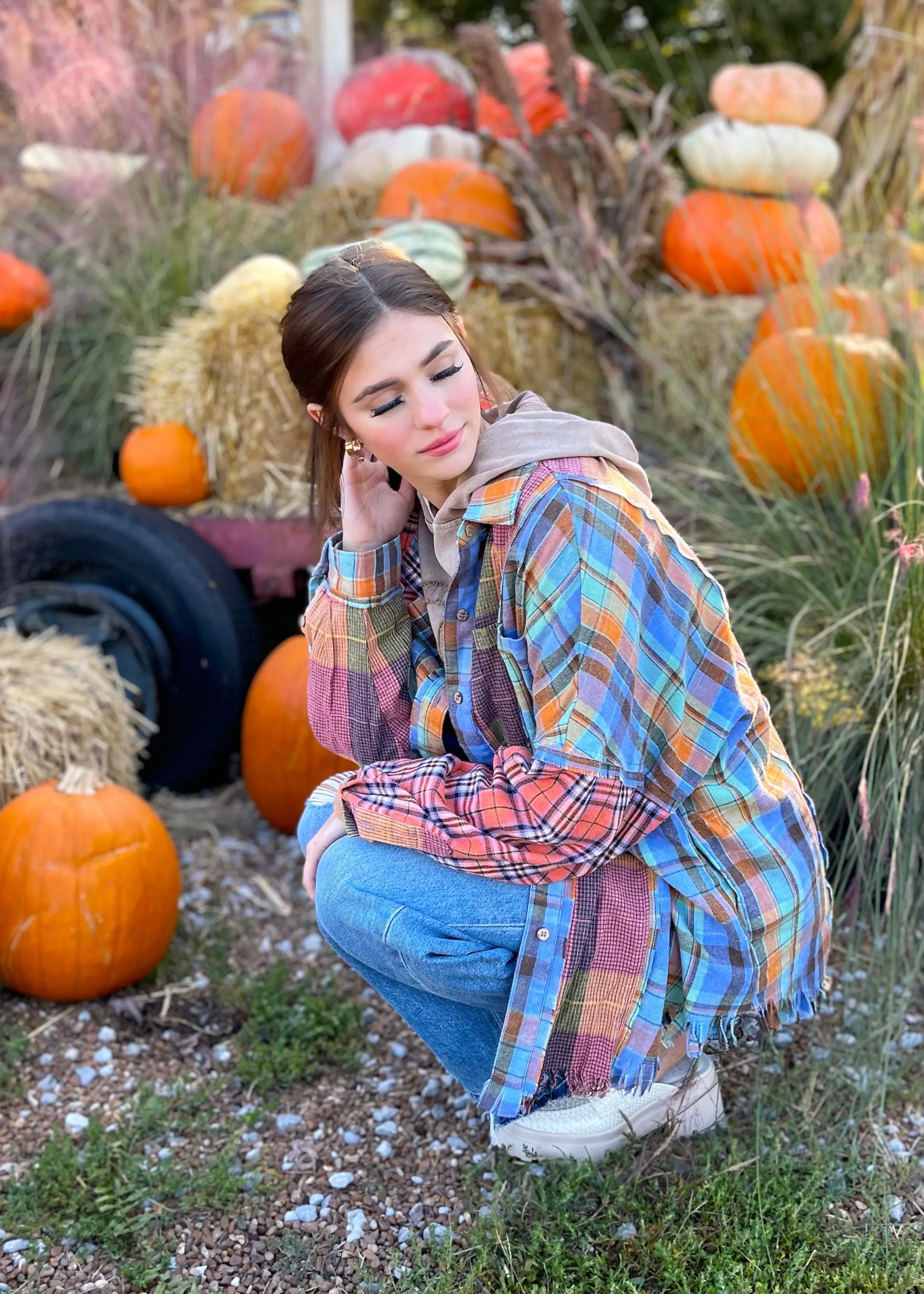 Punkin Plaid Mixed Button Down Top