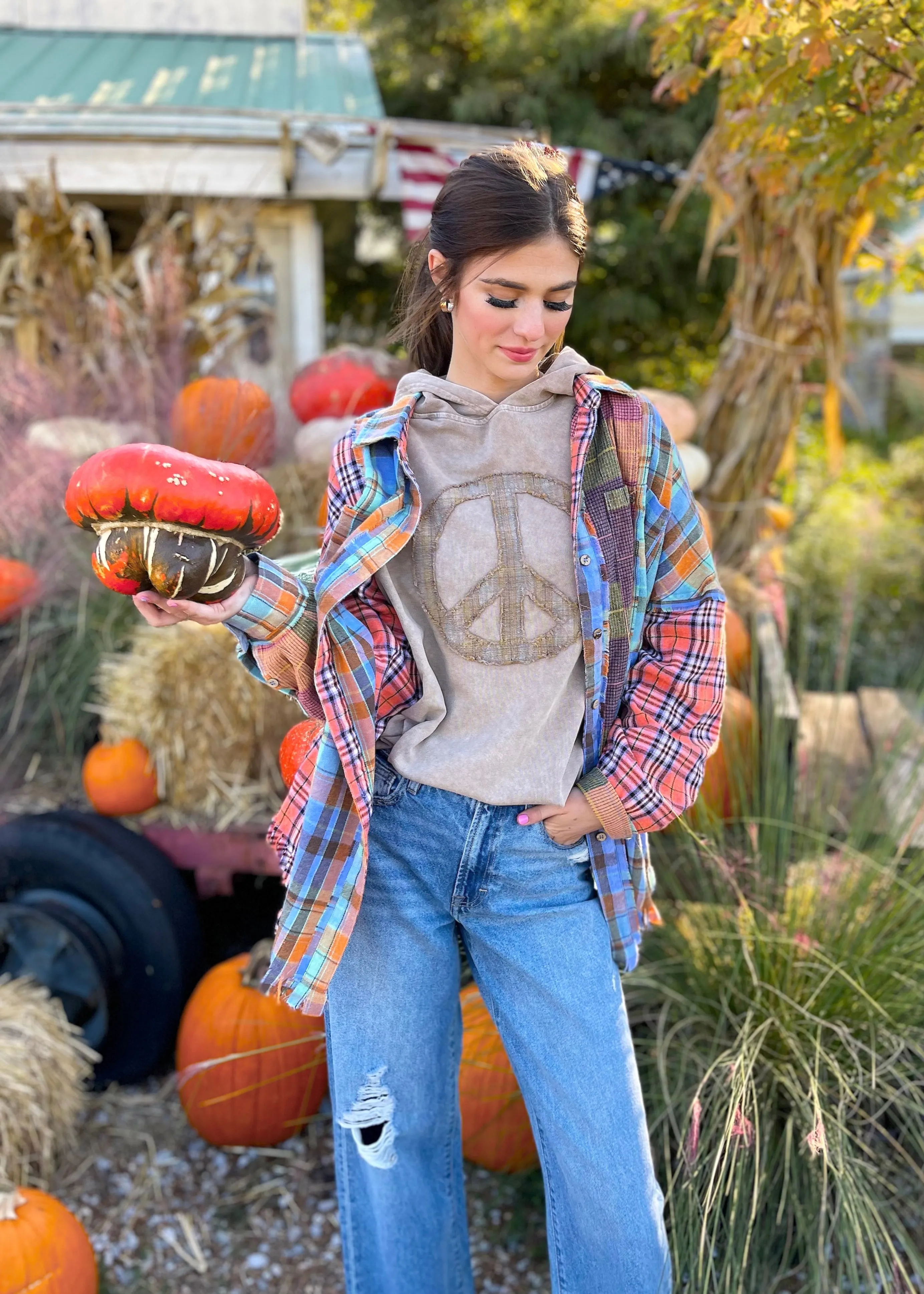 Punkin Plaid Mixed Button Down Top