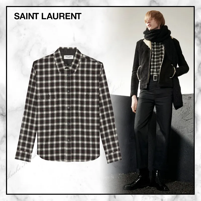 Saint Laurent  |Button-down Gingham Other Plaid Patterns Wool Street Style