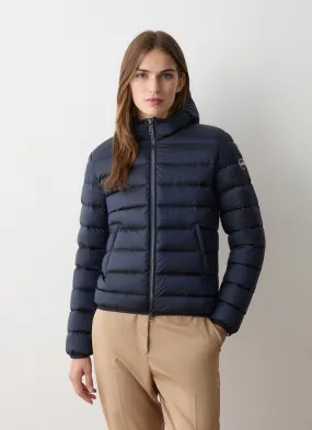 Short down jacket with attached hood-