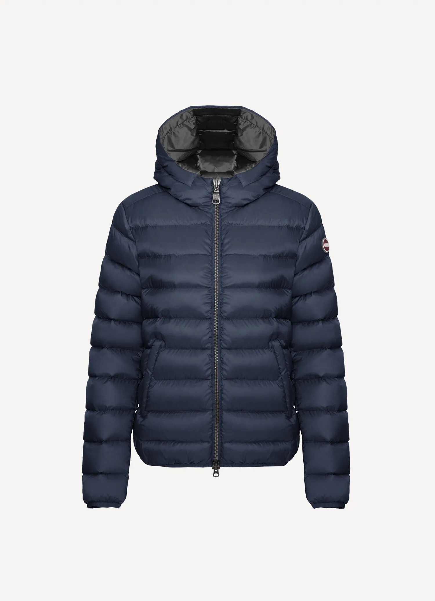 Short down jacket with attached hood-