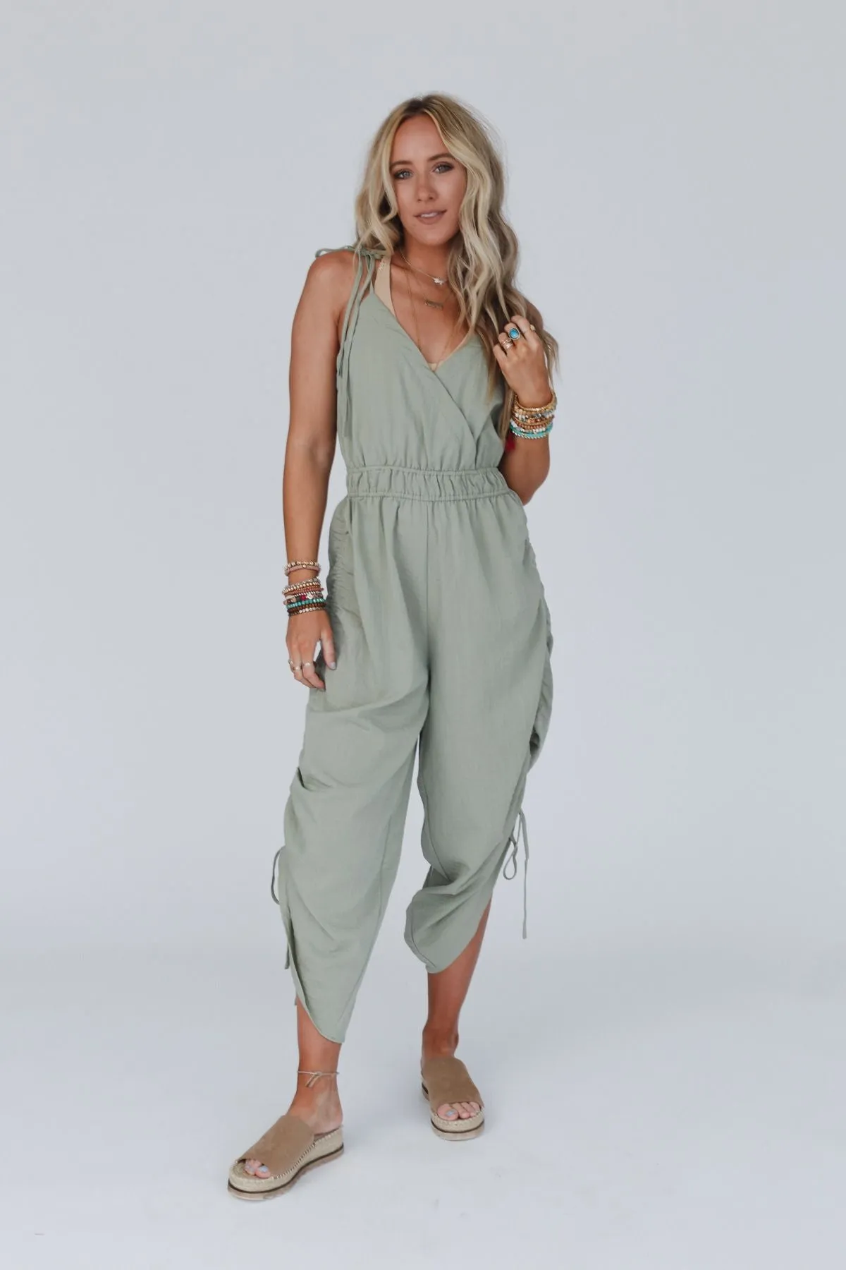 Side By Side Ruched Jumpsuit - Sage