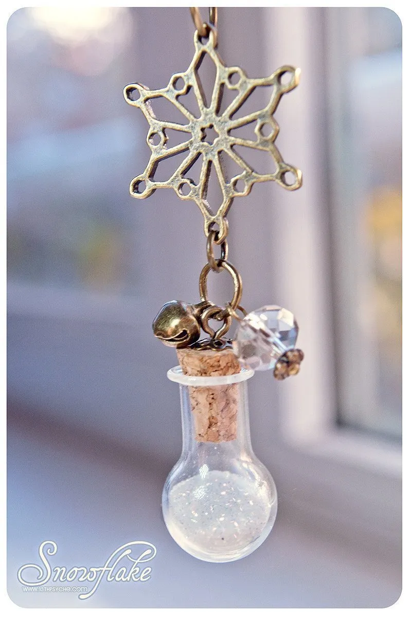 Snow and snowflake vial pendant necklace