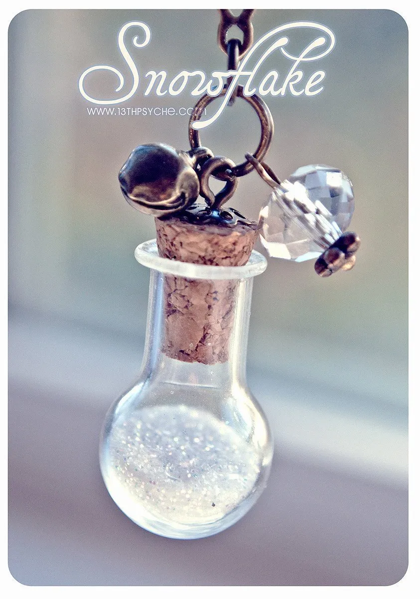 Snow and snowflake vial pendant necklace