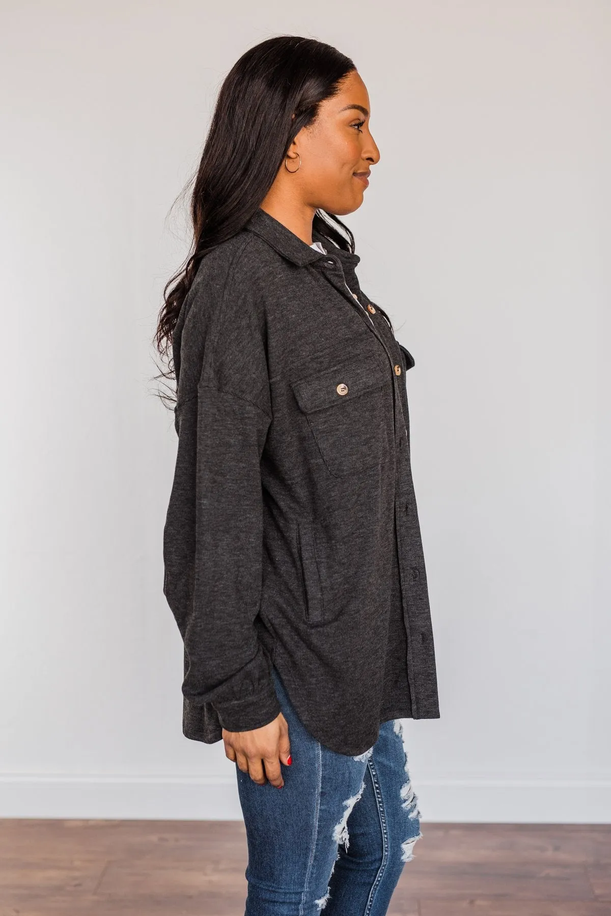 Sparkling Snow Button Pocket Top- Charcoal