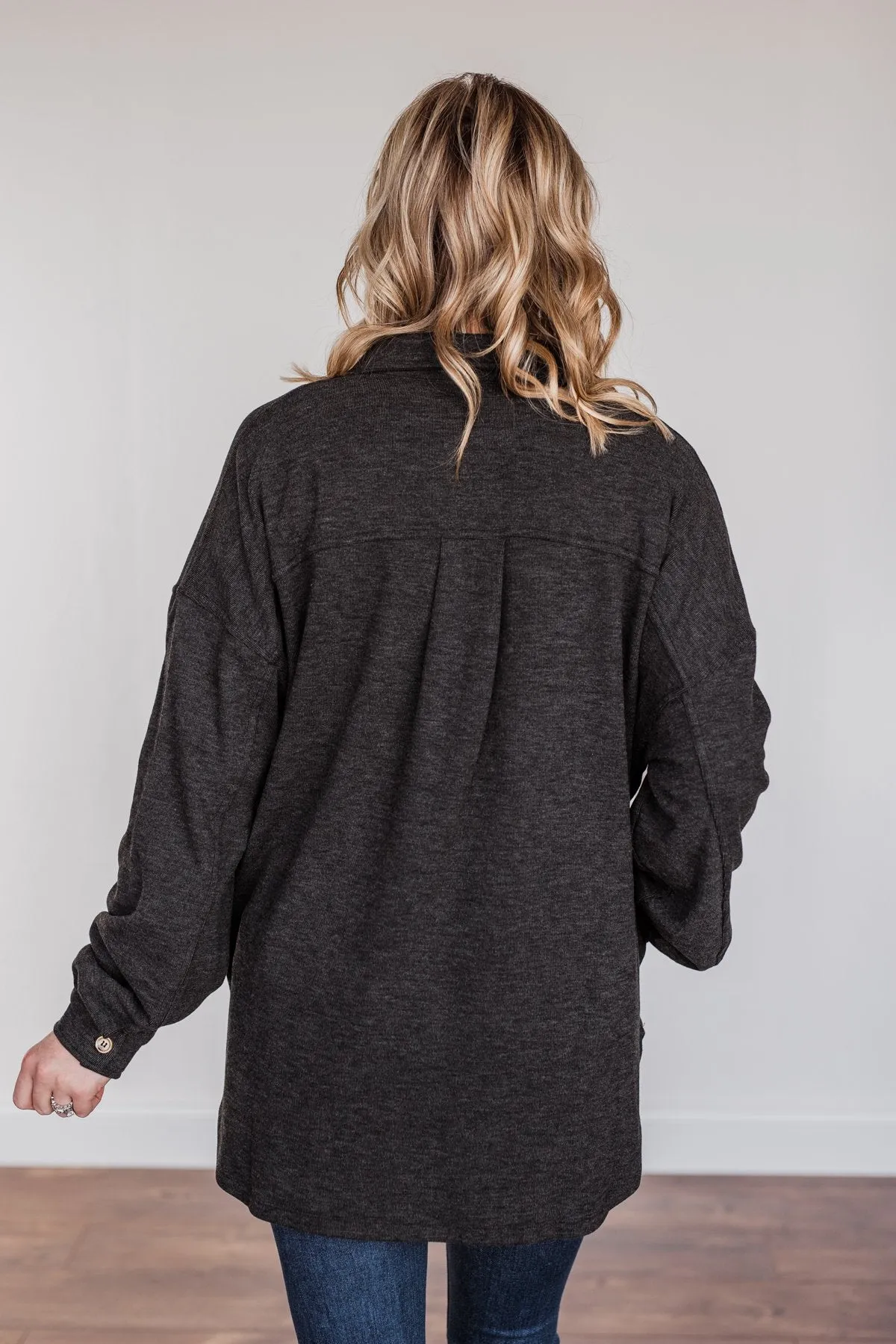 Sparkling Snow Button Pocket Top- Charcoal