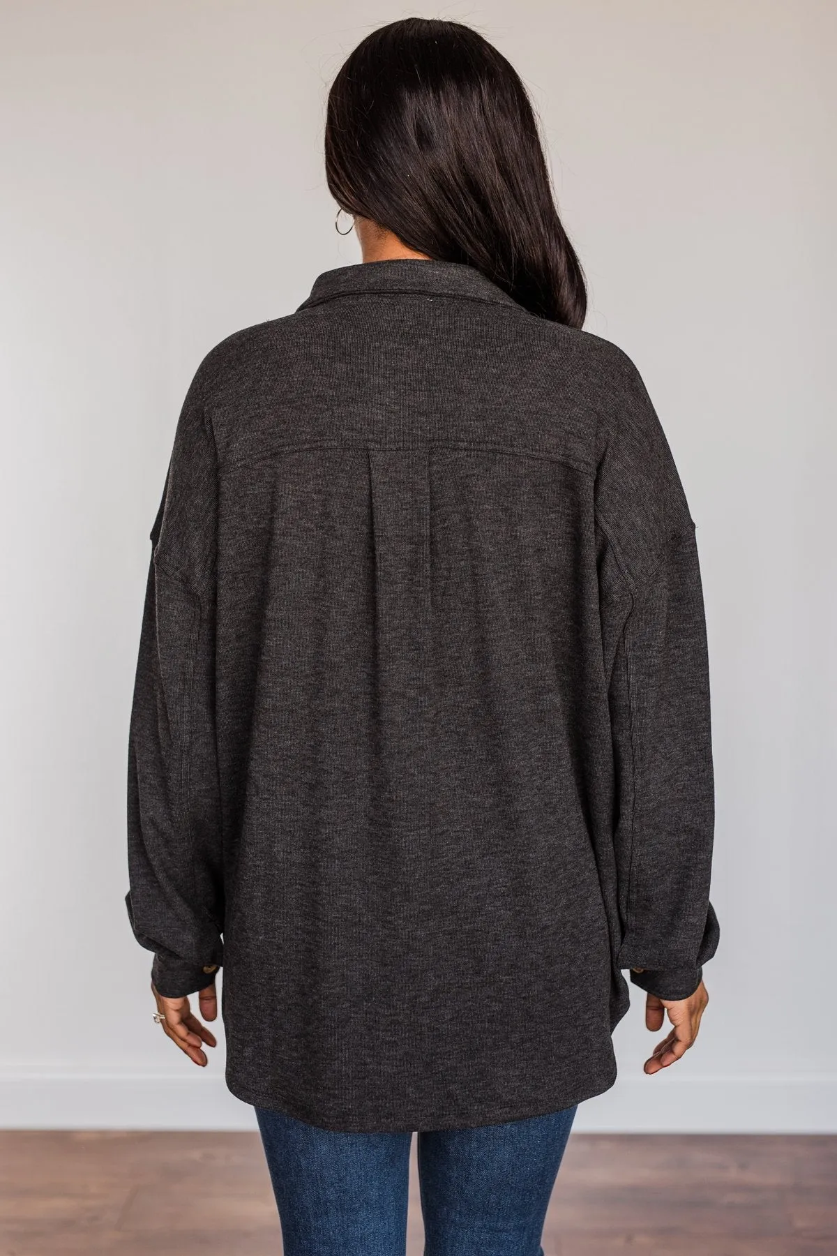 Sparkling Snow Button Pocket Top- Charcoal