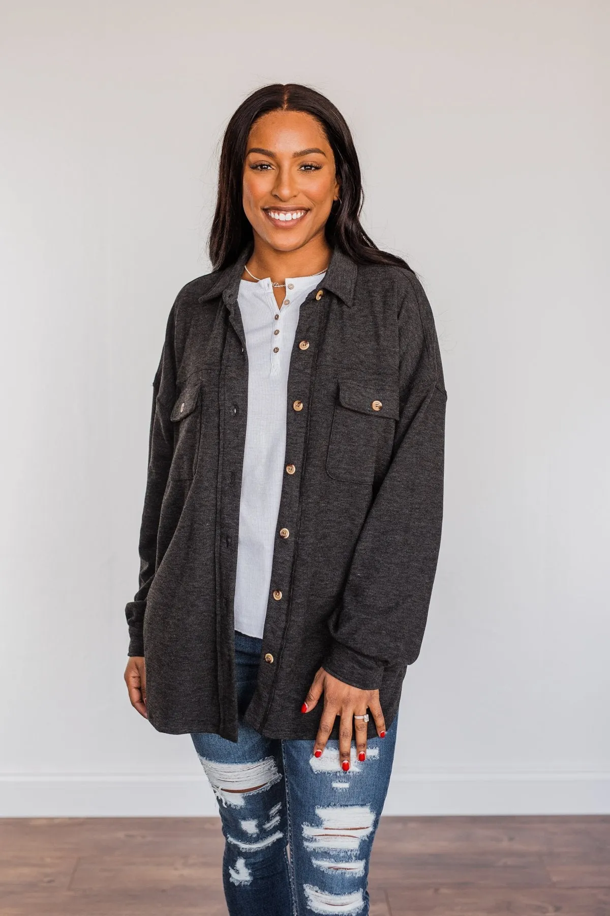 Sparkling Snow Button Pocket Top- Charcoal