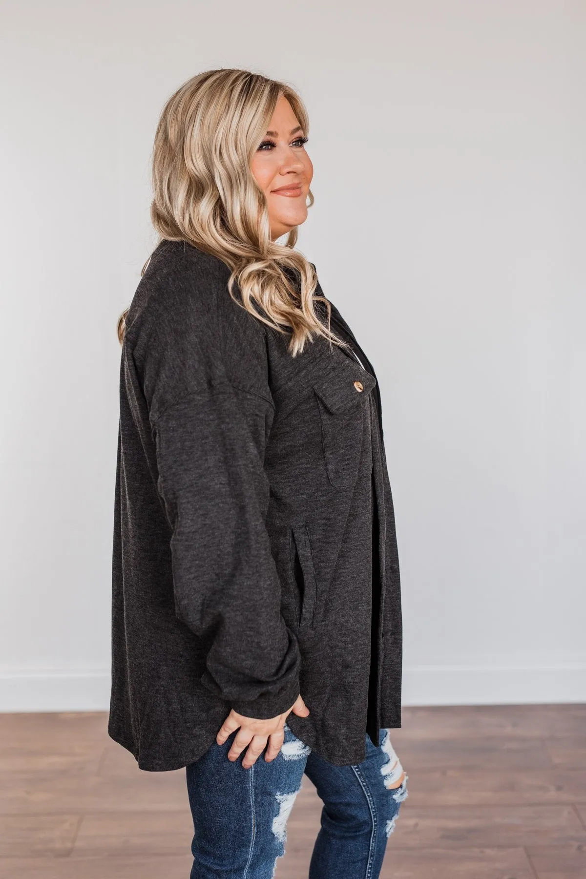 Sparkling Snow Button Pocket Top- Charcoal