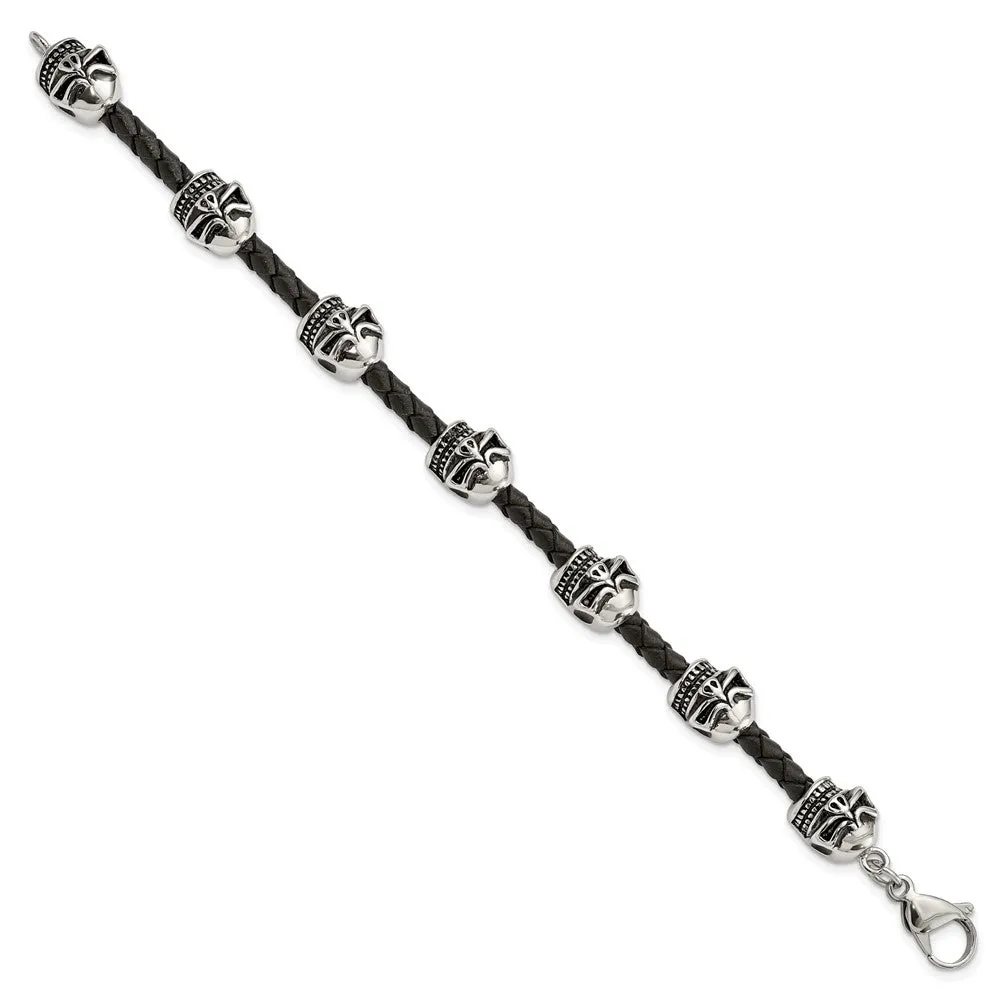 Stainless Steel & Black Leather Antiqued Skulls Bead Bracelet, 8.5 In