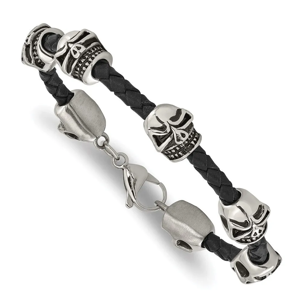 Stainless Steel & Black Leather Antiqued Skulls Bead Bracelet, 8.5 In