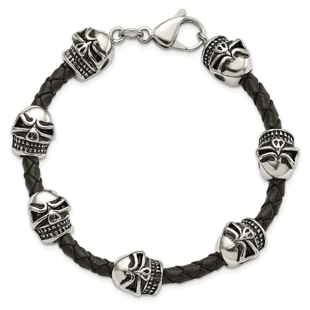 Stainless Steel & Black Leather Antiqued Skulls Bead Bracelet, 8.5 In