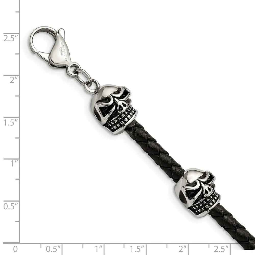 Stainless Steel & Black Leather Antiqued Skulls Bead Bracelet, 8.5 In