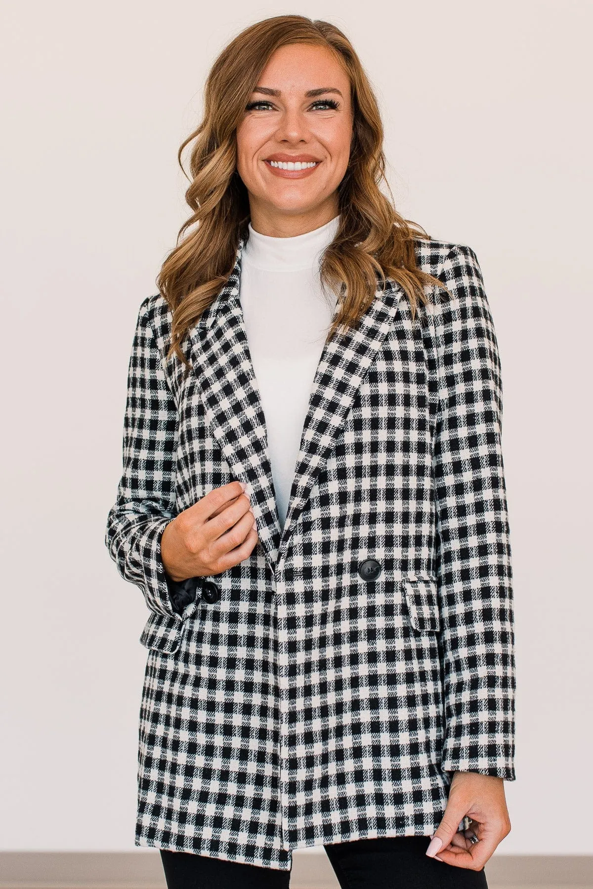 Straight To Success Button Blazer- Black & White